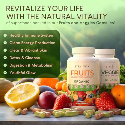 100% Organic Fruits and Veggies Supplement (USDA Organic - Made in USA) 180 Potent Fruits and Vegetable Capsules for Energy Boost & Daily Fruit and Vegetable Vitamins - Vegan, Non-GMO, Gluten-Free