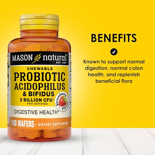 MASON NATURAL Probiotic Acidophilus with Bifidus, 50 Day Supply, Supports Healthy Normal Digestion, Strawberry Flavor, 100 Chewable Wafers