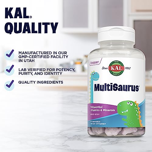KAL MultiSaurus Kids Chewable Multivitamins, 11 Essential Vitamins and Minerals for Kids, Mixed Berry Flavor, Gluten and Preservative Free, 90 Servings, 90 Dinosaur-Shaped Chewables