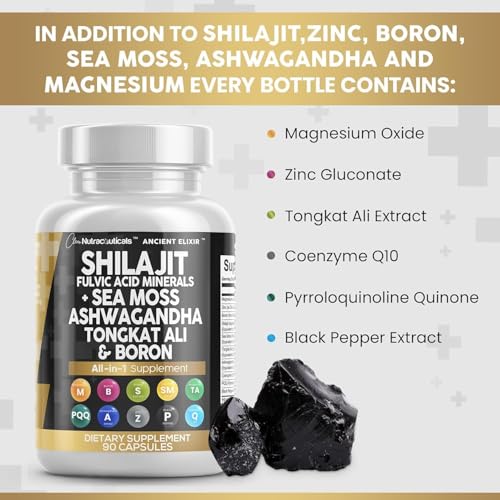 Clean Nutraceuticals Shilajit Supplement with Sea Moss, Ashwagandha, Tongkat Ali, Boron, Magnesium - Fulvic Acid Capsules for Men - 90 Count