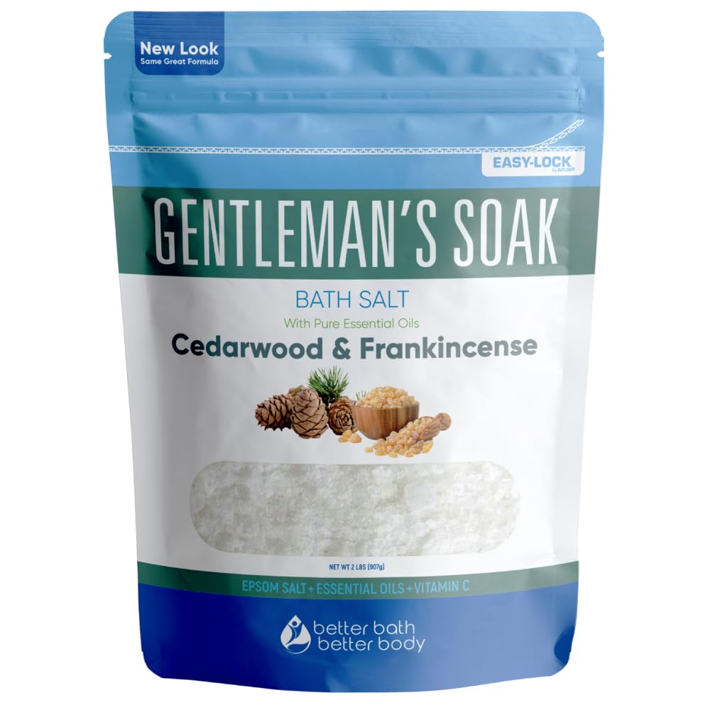 New Gentleman’s Soak Bath Salt 2-Lbs (32 Ounces) - Epsom Salt Bath Soak With Cedarwood, Frankincense, Eucalyptus, & Peppermint Essential Oils Plus Vitamin C Crystals - Bath Salts For Men