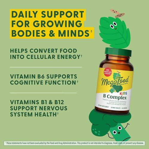 MegaFood Kids B Complex - B Complex Vitamin Supplement, 8 B Vitamins - Vitamin B6, Vitamin B12, Folate, Biotin & More, Supports Cellular Energy Production, Vegetarian, Gluten Free – 30 Mini Tablets