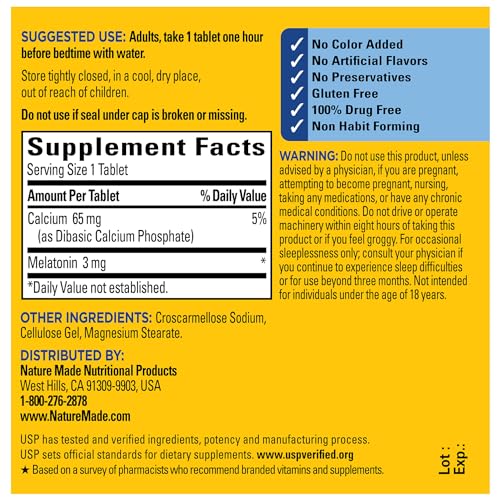 Nature Made Melatonin 3mg Tablets, 100% Drug Free Sleep Aid for Adults, 240 Tablets, 240 Day Supply