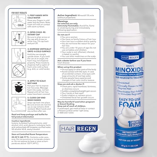 Hair-Regen Men’s 5% Minoxidil Foam – 1-Month Supply for Hair Regrowth – Topical Foam for Thinning Hair & Male Pattern Baldness – Minoxidil for Men