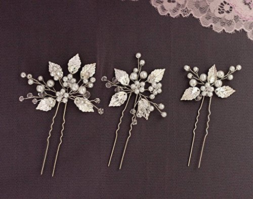 FXmimior Bridal Headpiece Vintage Crystal Leaf Hair Pins Bobby Pins Wedding Party Hair Accessories(pack of 3) (silver)