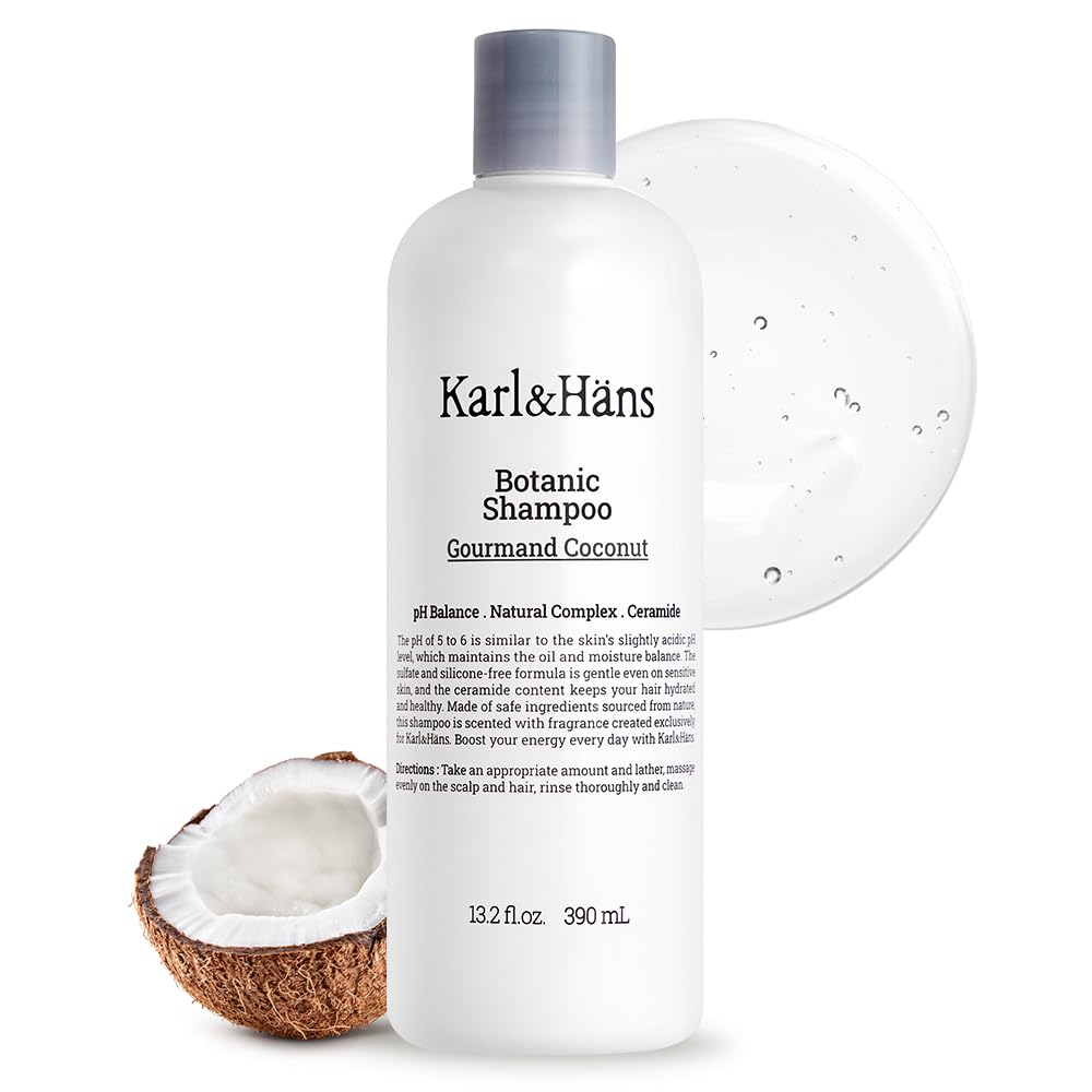 Karl&Hans Botanic Gourmand Coconut Vegan Shampoo Organic - Sulfate-Free, Moisturizing, Nourishing Shampoo with Coconut Oil&Natural Flower Extracts for Dry and Damaged Hair and Scalp Repair, 13.2 fl oz