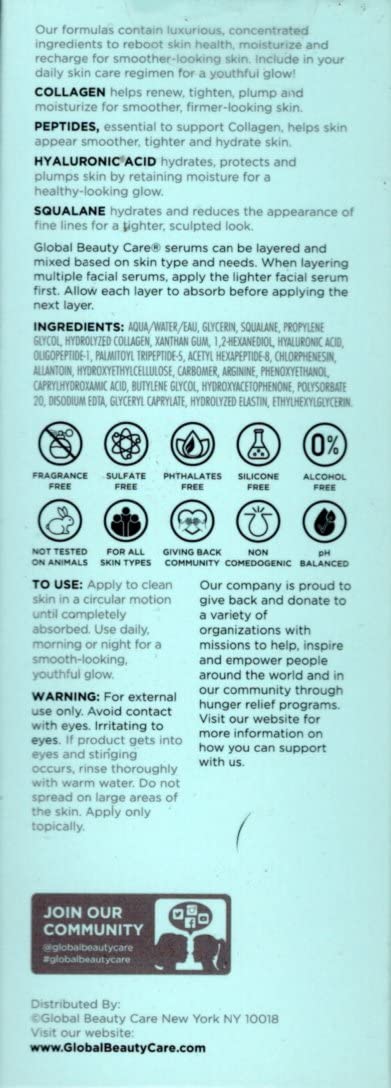 Global Beauty Care Smooth & Lift Collagen Facial Serum with Peptides, Hyaluronic Acid & Squalane 1fl oz 30ml