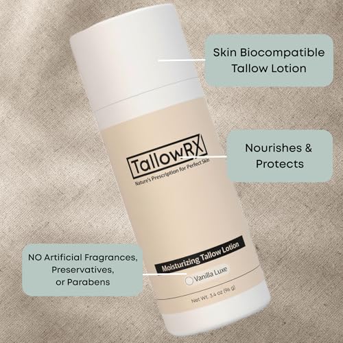 TALLOWRX Vanilla Tallow Lotion – Luxurious Hydration for Face & Body – Grass-Fed Tallow with Aloe, Vitamin E & Arrowroot Powder – (3.4 oz, Vanilla Scented)