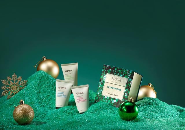 AHAVA Three’s A Charm Gift Set - Includes Mineral Body Lotion, Mineral Hand Cream & Mineral Shower Gel, Enriched with Exclusive Dead Sea Mineral Blend Osmoter, 3 x 1.3 Fl.Oz