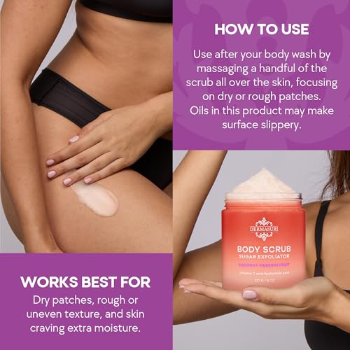 Dermasuri Exfoliating Sugar Scrub - Body Scrubber for Men & Women - Exfoliates & Removes Dead & Dry Skin for a Soft & Radiant Glow - Deep Hydration & Moisture - Coconut Passion Fruit