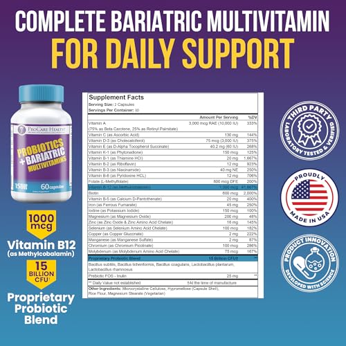 ProCare Health Probiotic Bariatric Multivitamin with Iron 45mg (60 Count) - 15 Billion CFU Bariatric Probiotic Fast Dissolving Veggie Capsules to Support Gut and Immune Health in Bariatric Patients