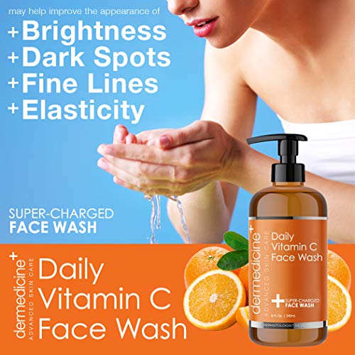 Dermedicine Daily Vitamin C Face Wash Super-Charged w/Marine & Plant Extracts & Retinol Cleaner | Works to Help as Cleanser, Brighten & Balance Complexion 8 Fl. Oz. | 240mL
