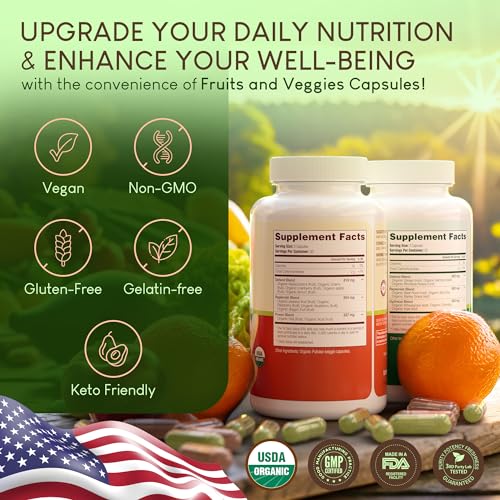 100% Organic Fruits and Veggies Supplement (USDA Organic - Made in USA) 180 Potent Fruits and Vegetable Capsules for Energy Boost & Daily Fruit and Vegetable Vitamins - Vegan, Non-GMO, Gluten-Free
