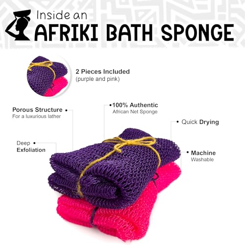 AFRIKI African Net Sponge, African Exfoliating Sponge, Black Owned, Exfoliating Washcloth, Body Exfoliator for Bath and Shower, Back Scrubber, Dead Skin Remover (Yellow, Purple, 1 Count (Pack of 2))