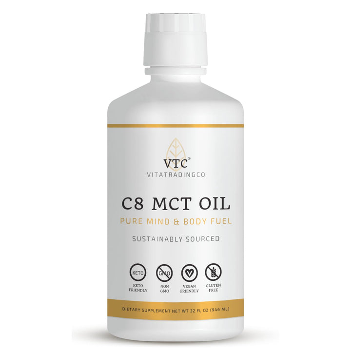 VTC VitaTradingCo. 100% Pure C8 MCT Oil | 3X Distilled Caprylic Acid | Healthy Fat for Clean Energy | Sustainably Sourced | Non-GMO, Paleo, Keto | 32oz, 64 Servings (Unflavored)