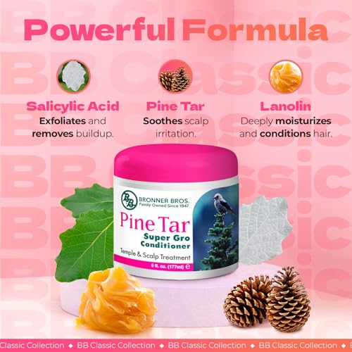 Bronner Bros BB Pine Tar Super Gro Conditioning Temple & Scalp Treatment for Dandruff - Soothes Dry, Itchy Scalp, Moisturizer & Deep Conditioner - With Pine Tar, Salicylic Acid & Lanolin - 6 oz