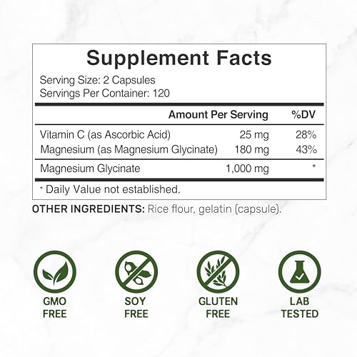 Magnesium Glycinate 500mg Per Capsule (1000mg Per Serving) Plus Vitamin C, 240 Capsules – 100% Chelated for Easy Absorption – Essential Mineral Supplement for Muscle, Sleep, & Heart Health