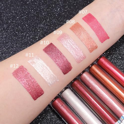 evpct 1Pcs Nude Light Pink Metallic Shimmer Glitter Lip Gloss Liquid Lipstick Long Lasting Waterproof 24, Glitter Pearlescent Metallic Sparkly Glossy Liquid Lipsticks Lip Stain Makeup Set for Women 09
