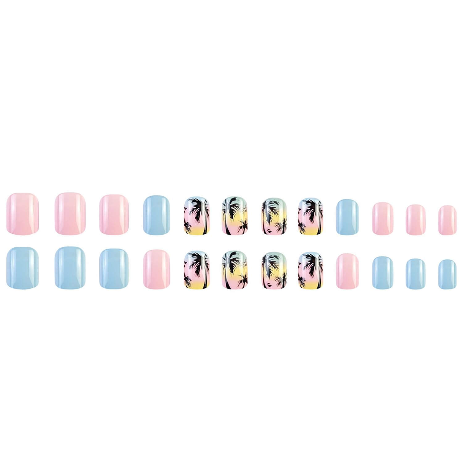 24pcs Short Press-on Nails: Square Fake Nails with Palm Tree, Blue Pink Designs, Glossy Full Cover Acrylic Artificial Nails for Summer