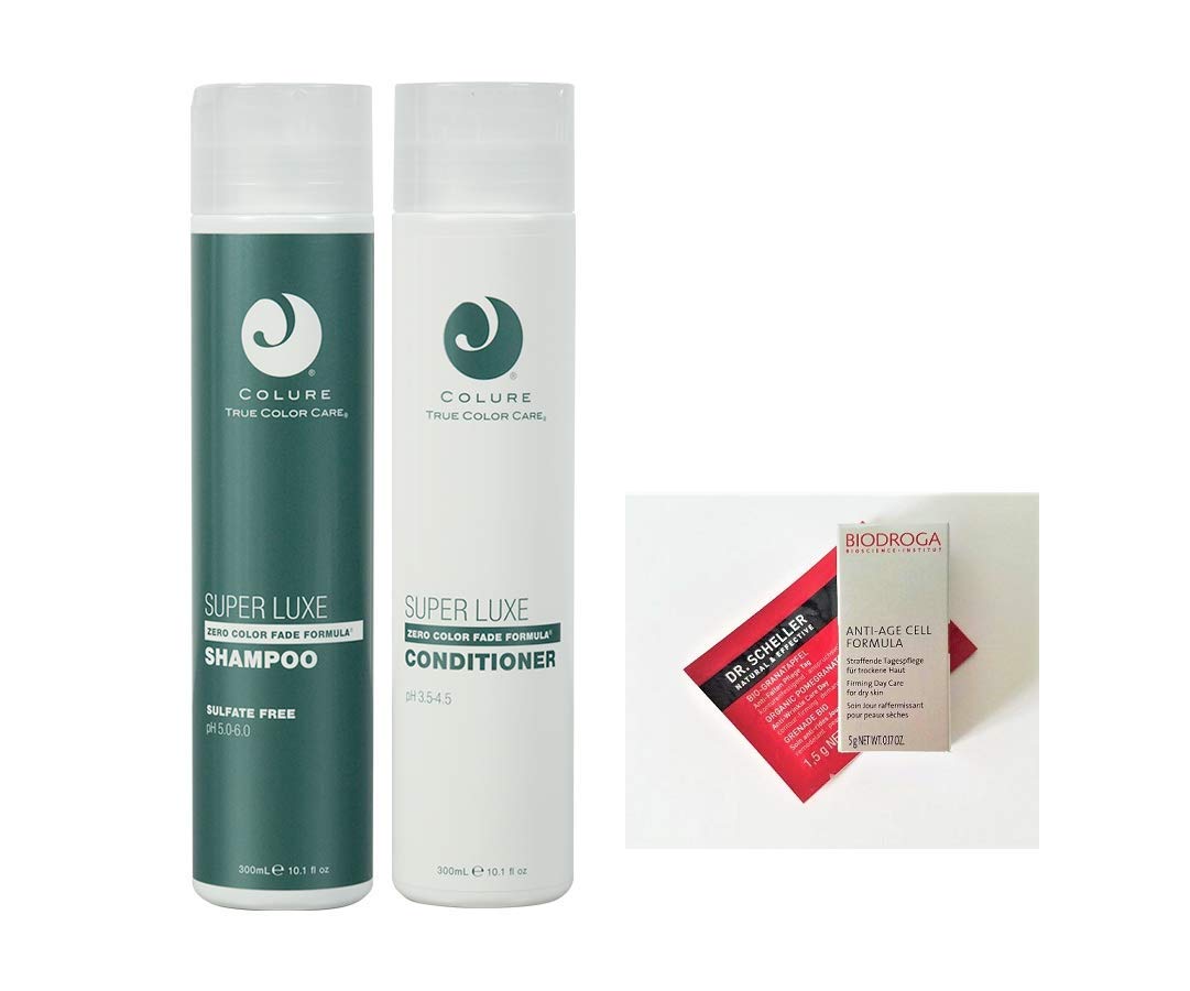 Colure True Color Care SUPER LUXE Shampoo & Conditioner DUO 10.1 oz each + 2 Free Samples. Products are Vegan, Cruelty Free, Organic. FREE of Sulfates, Parabens, Dyes, Petrolatum, Wheat & Soy.