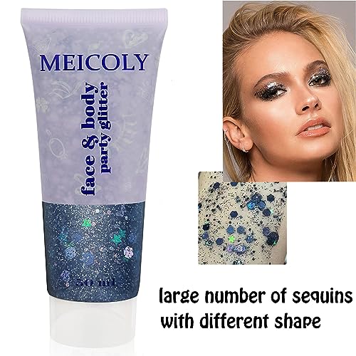 MEICOLY Black and Clear White Face Body Glitter Set,Mermaid Face Glitter Gel,Singer Concerts Festival Rave Accessories,Chunky Sequins Glitter Face Paint for Women and Kids,Sparkling Glitter Makeup