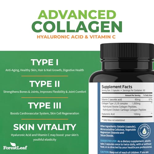 ForestLeaf Multi Collagen Pills with Hyaluronic Acid + Vitamin C | Hydrolyzed Collagen Supplements for Women or Men | Multi Collagen Capsules Peptides for Skin, Wrinkles, 240