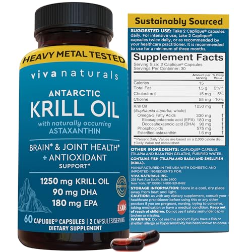 Viva Naturals Antarctic Krill Oil Omega 3 Supplements 1250 mg - DHA EPA Omega-3 & Astaxanthin Concentration for Joint Health, No Fish Burp - 60 Omega 3 Krill Oil Capsules