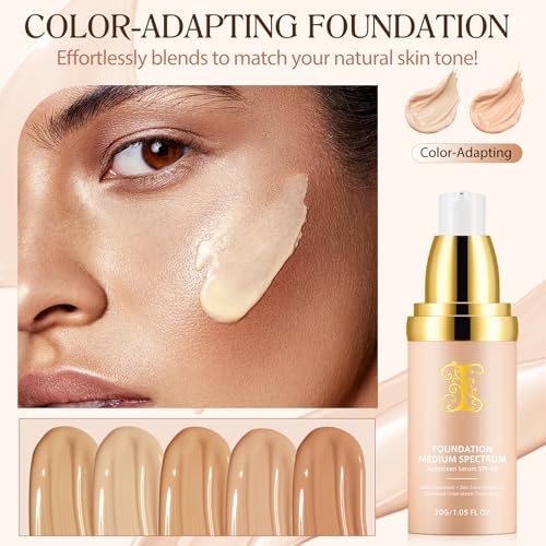 Colour Changing Foundation, Foundation 4 in 1 - Light Spectrum with SPF 50+, Hydrating Liquid Foundation Color Changing, Concealers Waterproof & Longwearing, Medium Spectrum for Gym, Sport, Dancing