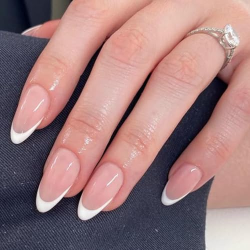 Modelones French Tip Press on Nails Almond, Fall Halloween Short Almond Fake Nails, Reusable Nail Kit with Nail Glue Adhesive Tabs Mini Nail File, Nails Press Ons 32Pcs 16 Sizes