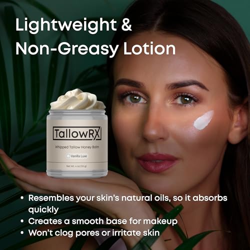 TALLOWRX 100% Grass-Fed Tallow Balm – Pure & Organic Moisturizer for Face & Body – Deep Hydration, Soothing & Skin Moisturizer – Rich in Manuka Honey, Jojoba & Calendula – (4 oz, Vanilla Scented)