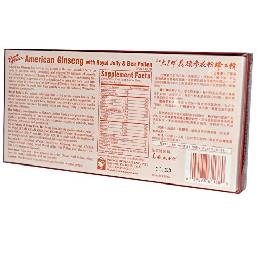 Prince of Peace American Ginseng With Royal Jelly and Bee Pollen 100cc Count (10x 10cc)