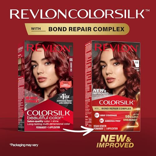 Revlon ColorSilk with Bond Repair Complex, Red Permanent Hair Color, 100% Gray Coverage, Ammonia Free Hair Dye, Vegan Keratin, 66 Cherry Red (Pack of 3)