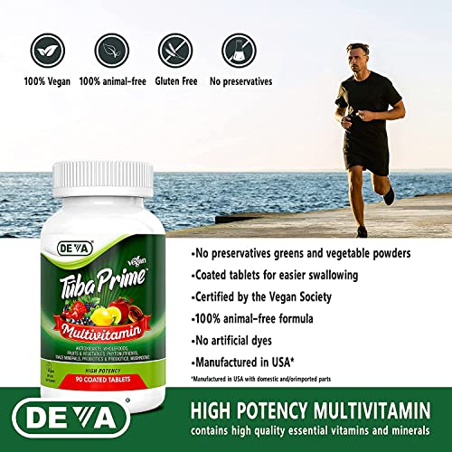 DEVA Tuba Prime Vegan Multivitamin Iron-Free High-Potency Vitamin & Mineral Dietary Supplement Antioxidants, Fruit & Veg Blend, Super Mushrooms, Probiotics, Prebiotics, Seeds, Herbs 90 Tabs 2-Pack