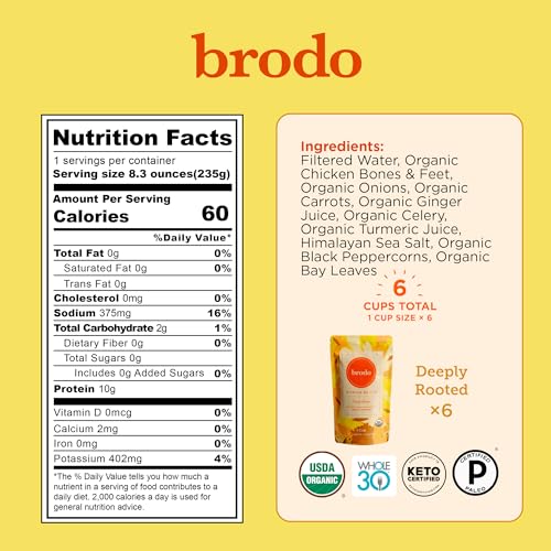 Brodo Deeply Rooted Organic Chicken Broth with Turmeric & Ginger, Nutrient-Rich Chicken Bone Broth Organic, High in Protein and Collagen for Wellness and Cooking, (6x 8.3 oz. Pouches)