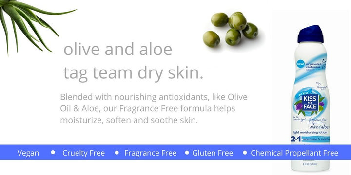 Kiss My Face Moisturizing Spray Lotion, Olive Oil and Aloe Vera Light Moisturizer, 6 oz