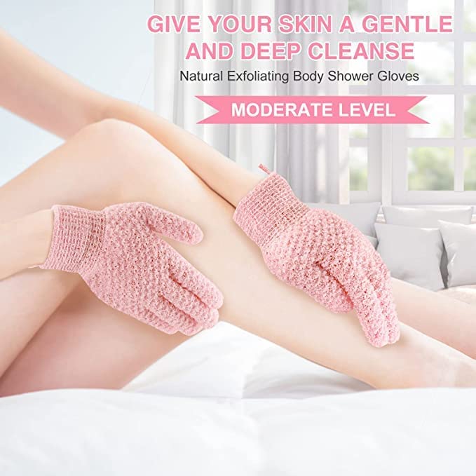 Yiclick Heavy Exfoliating Gloves, Exfoliating Body Scrubber for Bath Shower Exfoliation, Body Scrub Exfoliator for Dead Skin Remover, Exfoliate Sponge Loofah Washcloth Mitt Men Women (4Pink)
