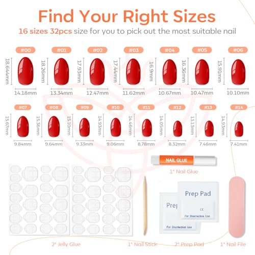 modelones Red Short Press on Nails Oval Fake Nails with Nail Glue, Adhesive Tabs, Nail File, Prep Pad, Manicure Stick, 32Pcs 16 Sizes, Fall Halloween