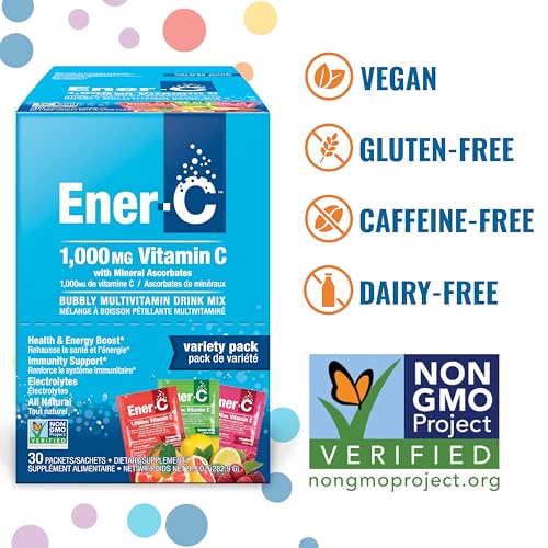 Ener-C Variety Pack Multivitamin Drink Mix Powder Vitamin C 1000mg & Electrolytes with Real Fruit Juice Natural Energy & Immune Support for Women & Men - Non-GMO Vegan & Gluten Free - 30 Count