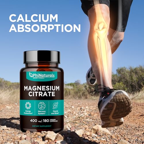 Magnesium Citrate Powder Capsules 400mg - 180 Count Veg Caps - PhiNaturals Supplements - Nervous System Support and Enzyme Function