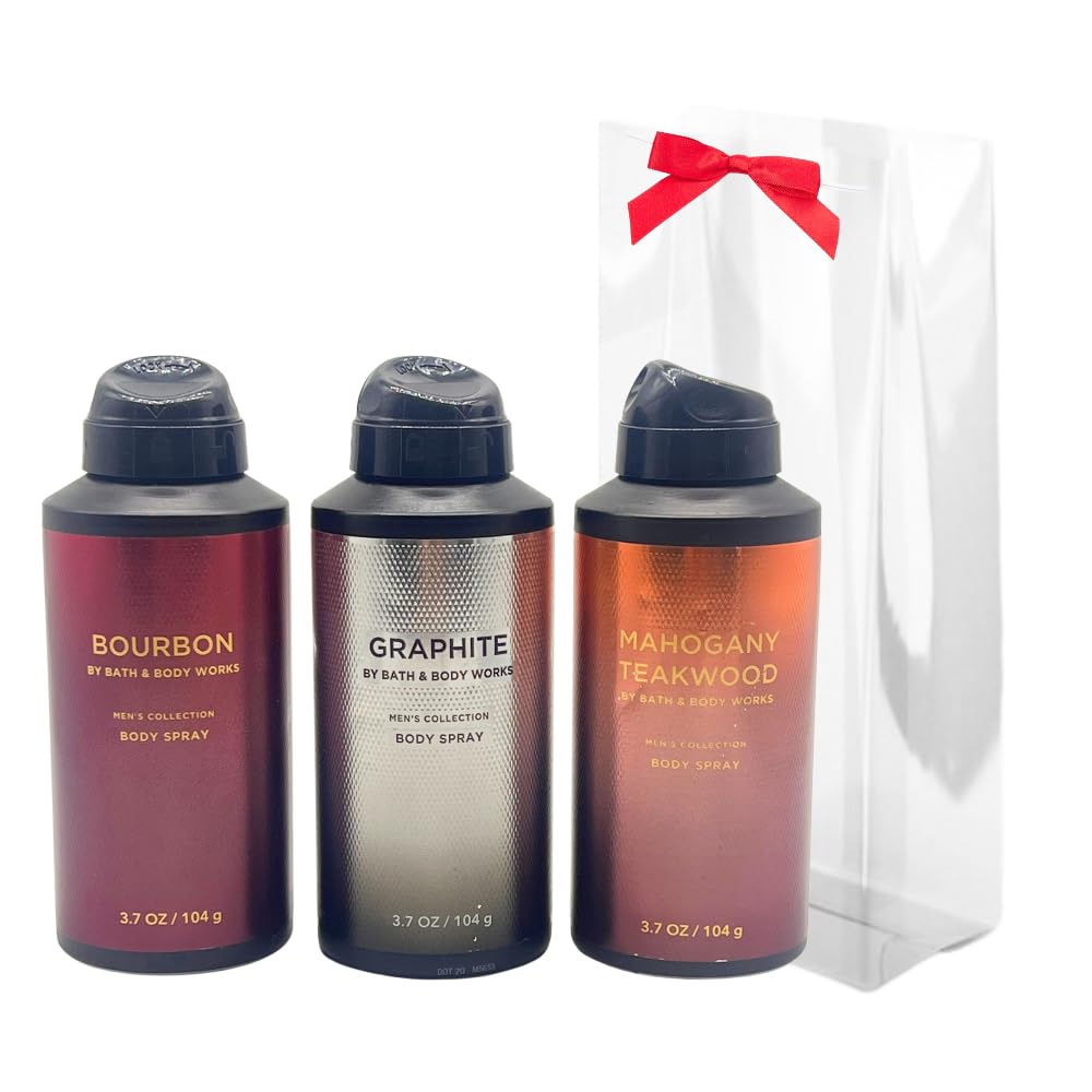 Bath and Body Works Men's Collection Deodorizing Body Spray - Mahogany Teakwood, Graphite, and Bourbon 3.7oz each 3-piece Gift Set with a Red Bow for Holidays