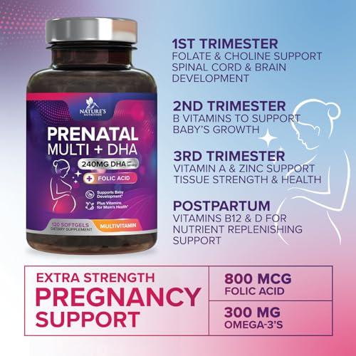 Women's Prenatal Multivitamin with Folic Acid + DHA, Prenatal Vitamin Supplement for Fetal Support w/Folate, Omega 3, Vitamins D3, B6, B12 & Iron, Pregnancy Prenatal DHA, Non-GMO - 120 Softgels
