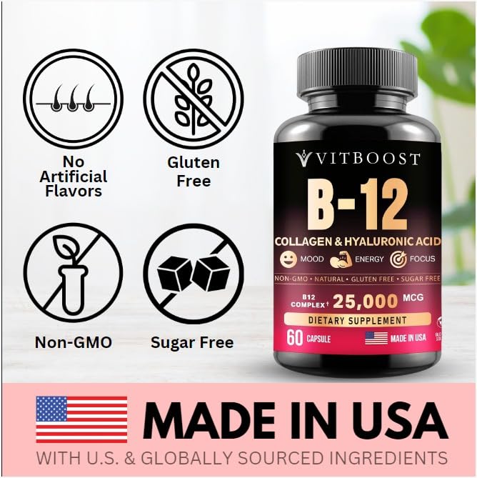 VITBOOST B12 with Hyaluronic Acid, Collagen and Folate – 25000 mcg B12 Methylcobalamin Supplement | Maximize Absorption & Energy | Gluten Free USA Made, B1, B2, B3, B6, B7 Complex - 60 Capsules