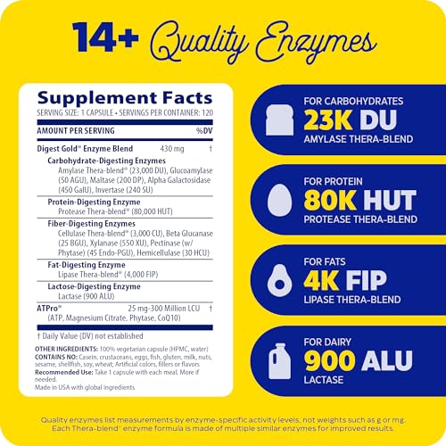 Enzymedica Digest Gold + ATPro, Maximum Strength Enzyme Formula, Prevents Bloating and Gas, 14 Key Enzymes Including Amylase, Protease, Lipase and Lactase, 120 Capsules