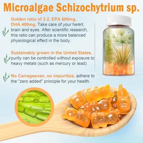 Vegan Omega 3 Gummies 1280mg + Vitamin D3 K2 (MK7), Omega 3 Fish Oil Alternative for Adults, w/Algae EPA 600mg & DHA 400mg, MCT Oil - No Fish Taste - for Brain, Eye, Immune Health, Sugar Free, 2 Pack