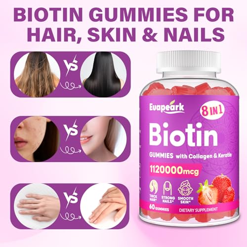 Biotin Gummies for Women and Men, 8 in 1 Organic Formula, Max Strength Biotin and Collagen Gummies with Keratin, Folic Acid & Vitamins, for Hair Growth, Skin and Nails Supplement, Sugar Free,120 Count