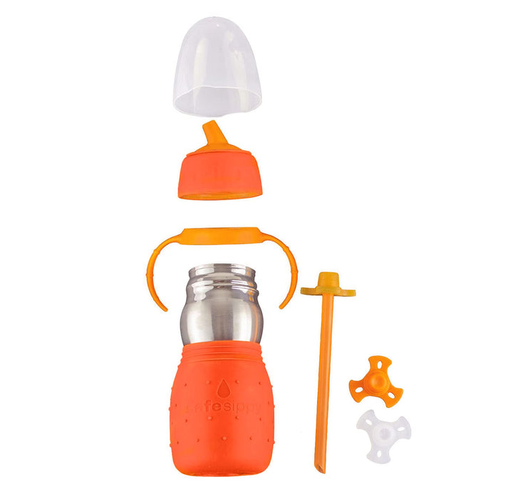 Kid Basix Safe Sippy 2, Stainless Steel Cup for Babies/Toddlers, Convertible Sippy or Straw, Dishwasher Safe, 11oz, BPA Free, Orange