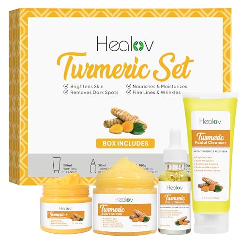 Turmeric Skincare Set - Turmeric Skin Care Products Brightening & Acne - Turmeric Skin Care Kit, Turmeric Skin Care Set - Turmeric Cleanser, Body Scrub, Face Cream & Facial Serum