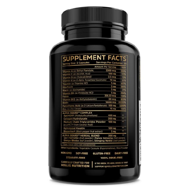 ALPHA BEARD Growth Vitamins | Biotin 10K MCG, Collagen, Keratin, Hyaluronic Acid, B-Complex, MSM | Beard DHT Blocker | Beard and Hair Growth Supplement for Men | Regrow Stronger, Healthier Facial Hair