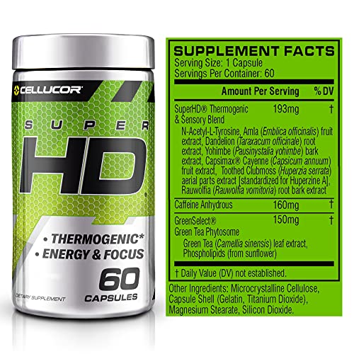 Cellucor SuperHD Thermogenic Fat Burner Weight Loss Supplement, Appetite Suppressant, & Energy Booster Capsimax, Green Tea Extract, 160mg Caffeine & More 60 Capsules (Packaging May Vary)