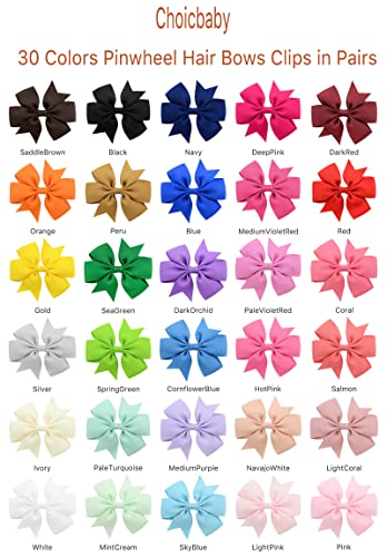 Choicbaby 60pcs 3 Inches Boutique Grosgrain Ribbon Pinwheel Hair Bows for Baby Girls, Toddler Bows Hair Clip Birthday Gifts In Pair